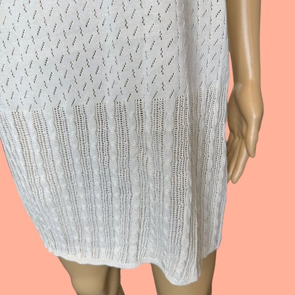 Womens Ribbed Beach Slip Dress Large L Ivory Crochet Stretch Knee Length Eyelet - Picture 9 of 11